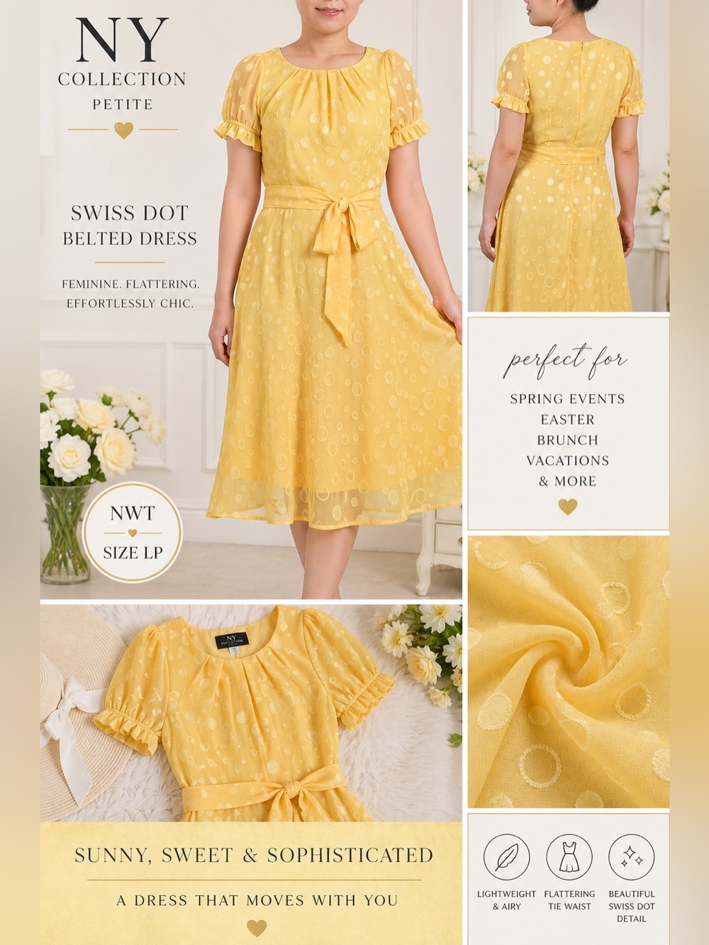 NY Collection Petite Yellow Swiss Dot Dress Belted Midi Spring Summer NWT LP